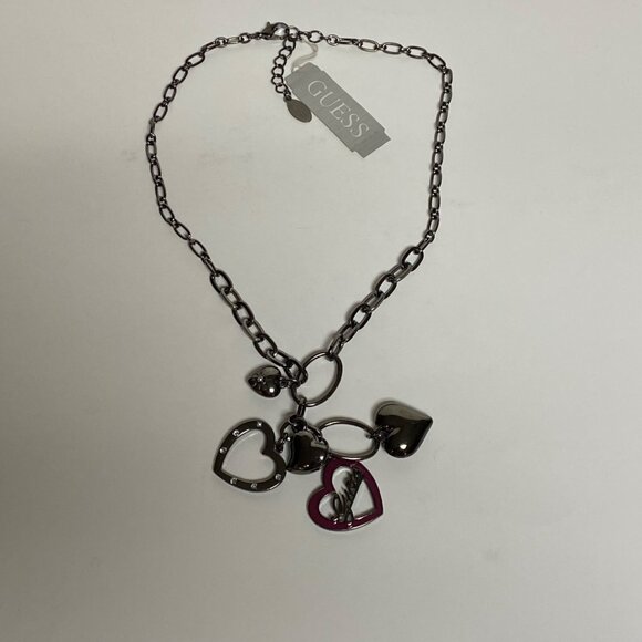 Guess Silver-Tone Heart Charm Necklace With Pink Enamel & Rhinestone Accents For - Picture 2 of 9